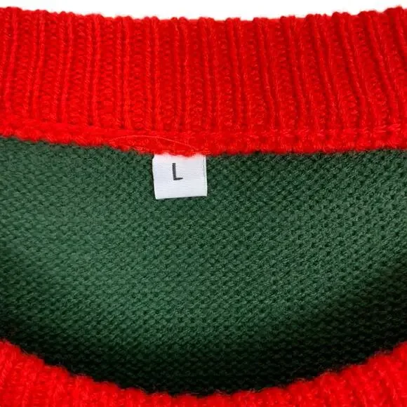 Pink Reindeer Sz L Green Knit Sweater Red Collar & Cuffs XMAS Sweater - Picture 7 of 8